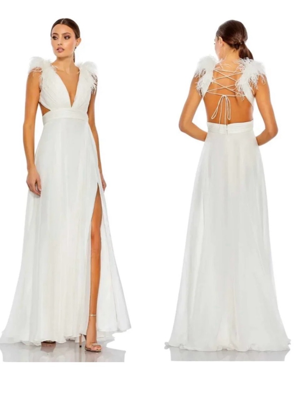Mac Duggal White Feather-Trim Plunge Bridal Gown